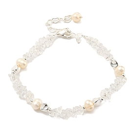 Natural Quartz Crystal Rock Crystal Chips Beaded Bracelets, Natural Pearl Bracelets for Women