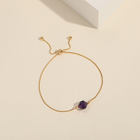 Natural Stone Bracelet for Women with Genuine 14k Gold Plated Copper and Adjustable Raw Amethyst Pull Cord.
