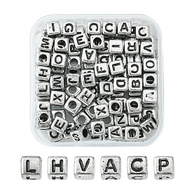 Perles acryliques plaqués, trou horizontal, cube avec des lettres mélangées aléatoires