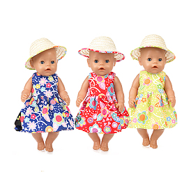 Flower Pattern Cloth Doll Dress & Straw Hat, Doll Clothes Outfits, Fit for American 18 inch Girl Dolls