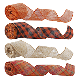 Polyester Imitation Linen Wrapping Ribbon, Wired Plaid Ribbon, for Crafts Decoration, Floral Bows Craft