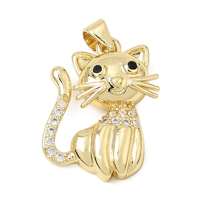 Brass & Clear Cubic Zirconia Pendants, Rack Plating, Long-Lasting Plated, Cadmium Free & Lead Free, Cat Charms