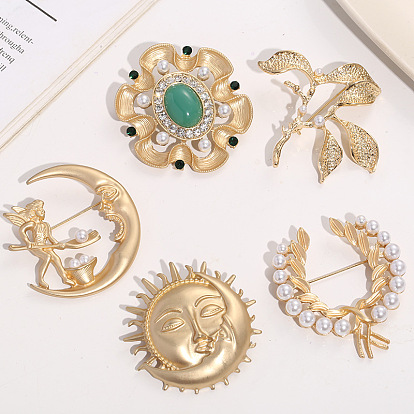 Baroque Style Sun Moon Flower Brooch for Women, Alloy Brooches, with Plastic Imitation Pearl
