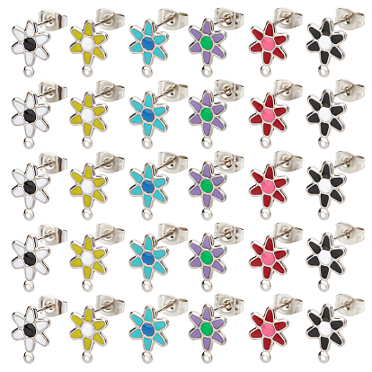 48Pcs 6 Style 304 Stainless Steel Enamel Stud Earring Findings, with Loop and Ear Nuts/Earring Backs, Flower