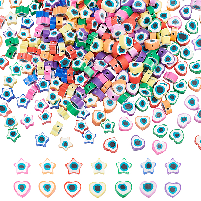 350Pcs 14 Style Handmade Polymer Clay Beads, Star & Herat with Evil Eye