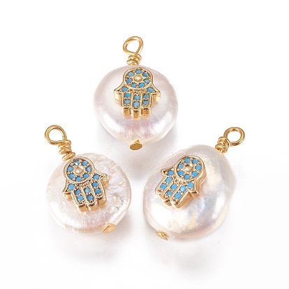 Подвески из натурального пресноводного жемчуга, с кубического циркония и латуни выводов, плоский круглый с hamsa рука / рука fatima / рука miriam