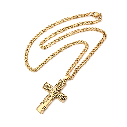 304 Stainless Steel Cross with Tree of Life Pendant Necklaces, Curb Chain Necklace with Lobster Clasps