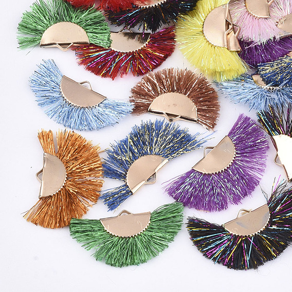 Polyester Tassel Pendants, with Metallic Cord and Iron Findings, Fan Shape