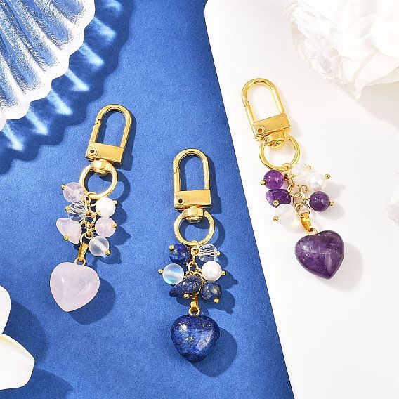 3 шт. подвески в форме сердца из натурального лазурита, розового кварца и аметиста, с поворотными застежками сплава