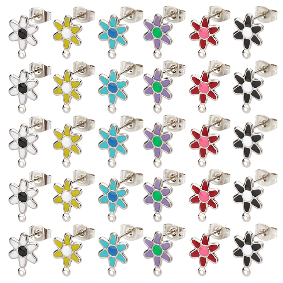 48Pcs 6 Style 304 Stainless Steel Enamel Stud Earring Findings, with Loop and Ear Nuts/Earring Backs, Flower