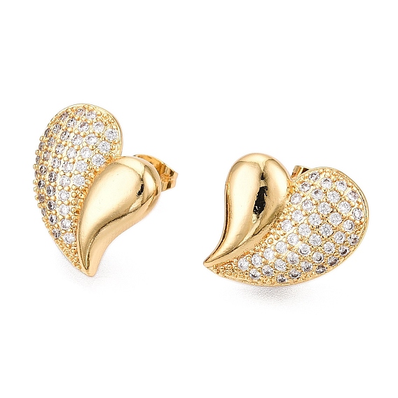 Left and Right Heart Brass Pave Clear Cubic Zirconia Stud Earrings