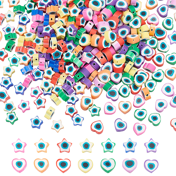 350Pcs 14 Style Handmade Polymer Clay Beads, Star & Herat with Evil Eye