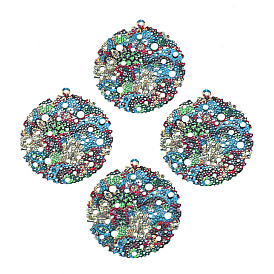 430 Stainless Steel Pendants, Spray Painted, Etched Metal Embellishments, Flat Round with Plant Pattern