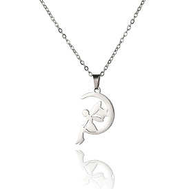 Elf with Moon Stainless Steel Pendant Necklace
