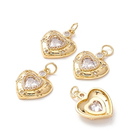 Brass Micro Pave Clear Cubic Zirconia Charms, with Jump Ring, Long-Lasting Plated, Lead Free & Cadmium Free & Nickel Free, Heart