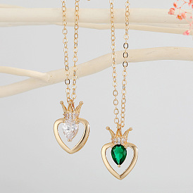Minimalist Crystal Heart Necklace with Crown Pendant and Collarbone Chain