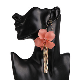 Boho Floral Acrylic Tassel Earrings with Statement Flower Design - Long Dangle Hook Ear Drops
