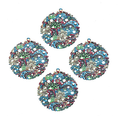 430 Stainless Steel Pendants, Spray Painted, Etched Metal Embellishments, Flat Round with Plant Pattern