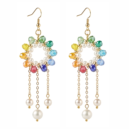 Ring with Chain Tassel Dangle Earrings for Girl Women, Faceted Glass & Round Shell Pearl Beads Earrings, Golden
