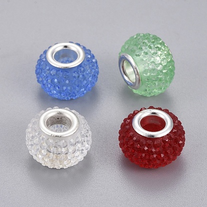 Resin Rhinestone European Beads, with Silver Color Plated Brass Cores, Large Hole Beads, Rondelle, Berry Beads