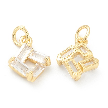 Brass Cubic Zirconia Pendants, Real 18K Gold Plated, with Jump Rings, Square