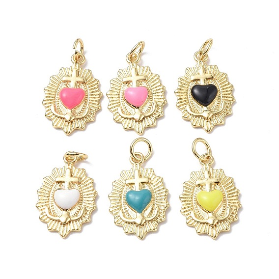 Eco-Friendly Rack Plating Brass Enamel Pendants, Real 18K Gold Plated, with Jump Ring, Sacred Heart of Jesus Charm