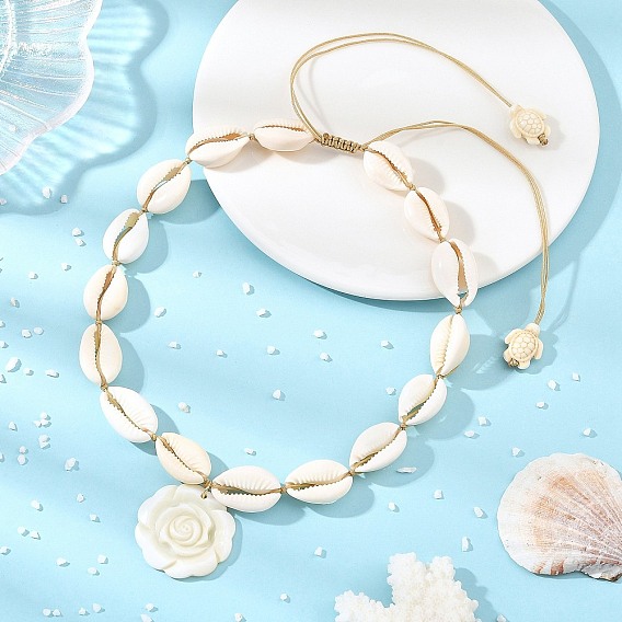 Summer Natural Freshwater Shell Carved Pendant Necklaces, Natural Cowrie Shell Braided Bead Necklaces, with Turtle Synthetic Turquoise Beads