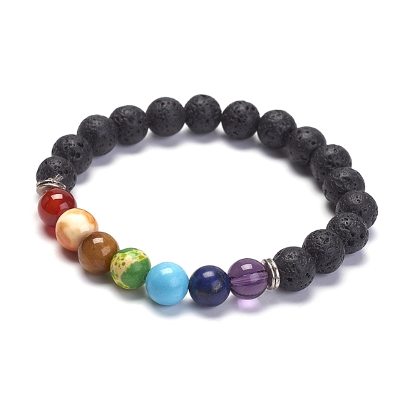 Yoga Chakra Jewelry, Natural Lava Rock Stretch Bracelets, with Gemstone and Alloy Beads, Round