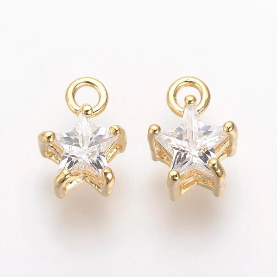 Brass Cubic Zirconia Charms, Nickel Free, Real 18K Gold Plated, Star