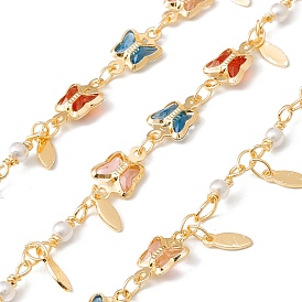 Handmade Glass Butterfly & Imitation Pearl Beaded Chain, with Brass Oval Charms, Real 18K Gold Plated, Lead Free & Cadmium Free, Soldered, with Spool