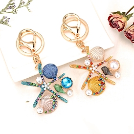Colorful Pearl Rhinestones Starfish Shell Conch Alloy Pendant Keychain, for Car Key Purse Phone Ornaments