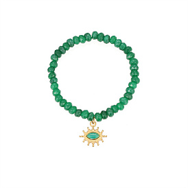 Bracelets de perles teints en jade blanc naturel, avec pendentifs œil en acier inoxydable, or