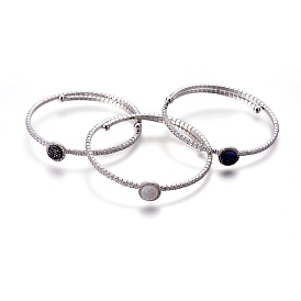 Natural Agate Stretch Bangles, with Cubic Zirconia and Brass Findings, Flat Round