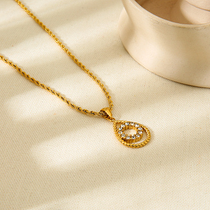304 Stainless Steel Micro Pave Clear Cubic Zirconia Teardrop with Ring Pendant Necklaces for Women