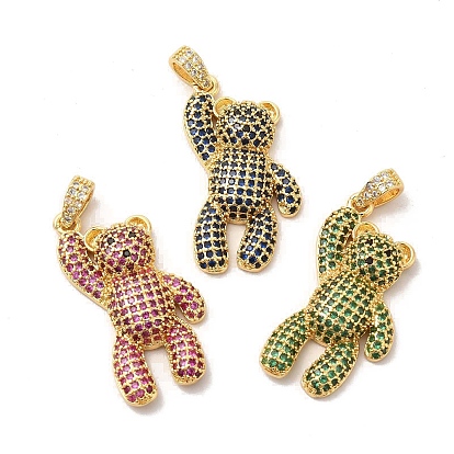 Brass Micro Pave Cubic Zirconia Pendants, Bear Charms, Golden