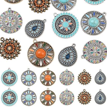 Подвески из эмали и сплава, античное серебро, плоские круглые с цветком