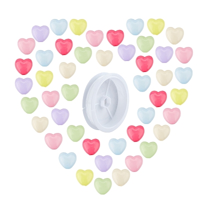 Opaque Solid Color Acrylic Beads, Heart, with Clear Elastic Crystal Thread