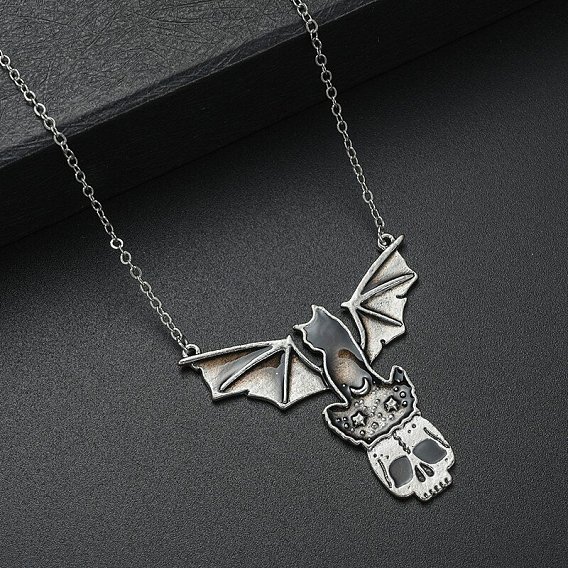 Gothic Alloy Skull with Bat Pendant Necklace, Halloween Jewelry for Men Women