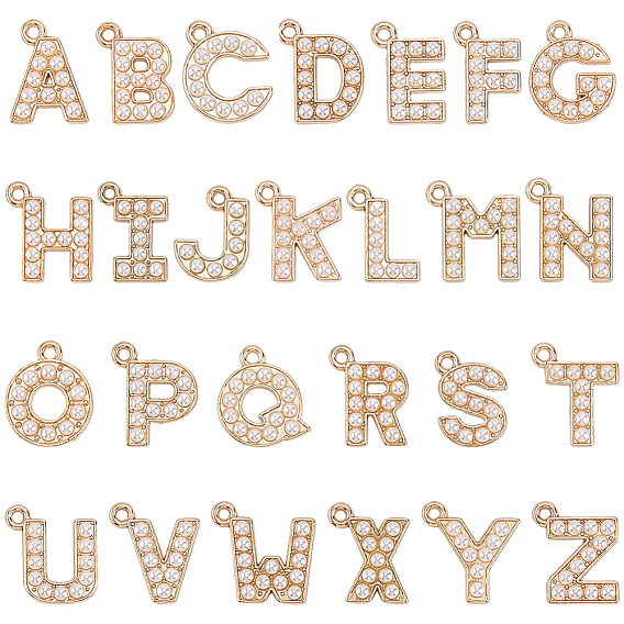 104Pcs 26 Styles Zinc Alloy Pendants, with Plastic Imitation Pearl Beads, Light Gold