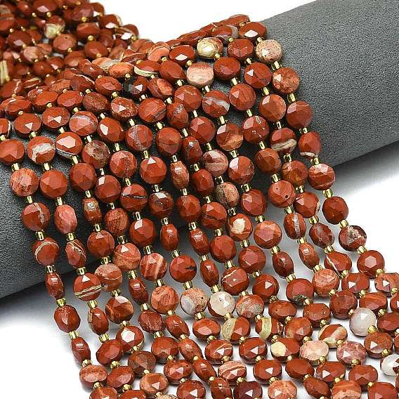 Натуральные красные яшмы бусы пряди, граненый шестиугольный разрез, плоско-круглые, с бисером