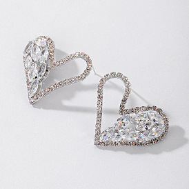 925 Silver Heart-shaped Earrings with Fashionable Water Diamond and Zircon, High-end Luxurious Style for Women