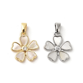 Brass Pave Shell Pendants, Flower Charms with Clear Glass
