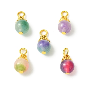 Natural White Jade Dyed Bead Pendants, Two Tone Round Charms with Golden Plated Iron Findings