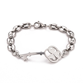 304 Stainless Steel Clover Skeleton Key Link Bracelet with Coffee Bean chains for Men Women