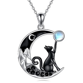 Alloy Jet Rhinestone Enamel Black Moon with Cat Shape Pendant Necklaces for Women, with Glass