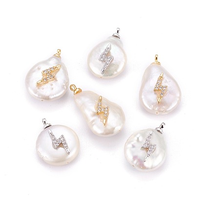 Natural Cultured Freshwater Pearl Pendants, with Brass Cubic Zirconia Cabochons, Long-Lasting Plated, Nuggets with Lightning Bolt
