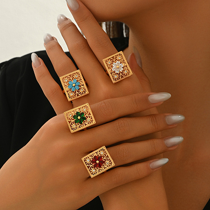 Регулируемые кольца для женщин с микропаве из латуни и кубическими цирконами, квадратные с цветком, золотые