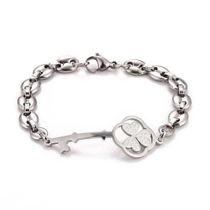 201 Stainless Steel Clover Skeleton Key Link Bracelet with Coffee Bean chains for Men Women