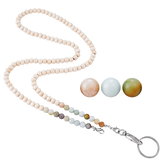 Именная визитница из натурального драгоценного камня и дерева с бусинами, держатель удостоверения личности, Застежки-лобстеры из цинкового сплава и нейлоновая нить