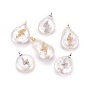 Natural Cultured Freshwater Pearl Pendants, with Brass Cubic Zirconia Cabochons, Long-Lasting Plated, Nuggets with Lightning Bolt